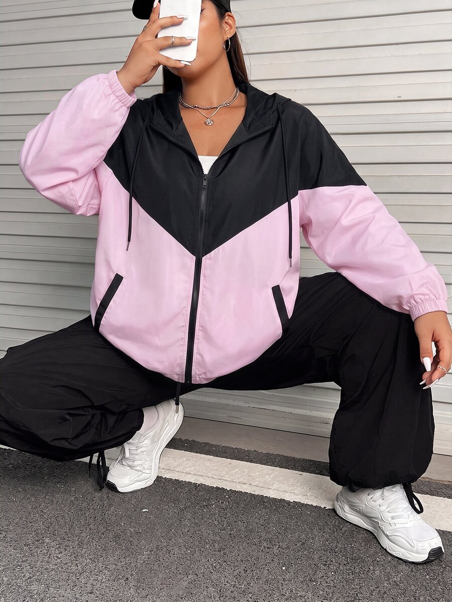 SHEIN EZwear 大尺碼女款休閒運動風撞色拉鍊夾克 秋冬款 - 彩色 - 查看 1
