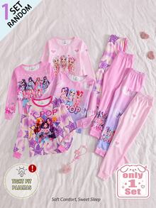 [Randomly Sent 1 Set]Girls Pajamas Cute Character Print All-Over Print Fashionable Playful Pattern Full Print Crew Neck Fitted Long Sleeve And Long Pants Loungewear Sleepwear Set - Multicolor - View 1