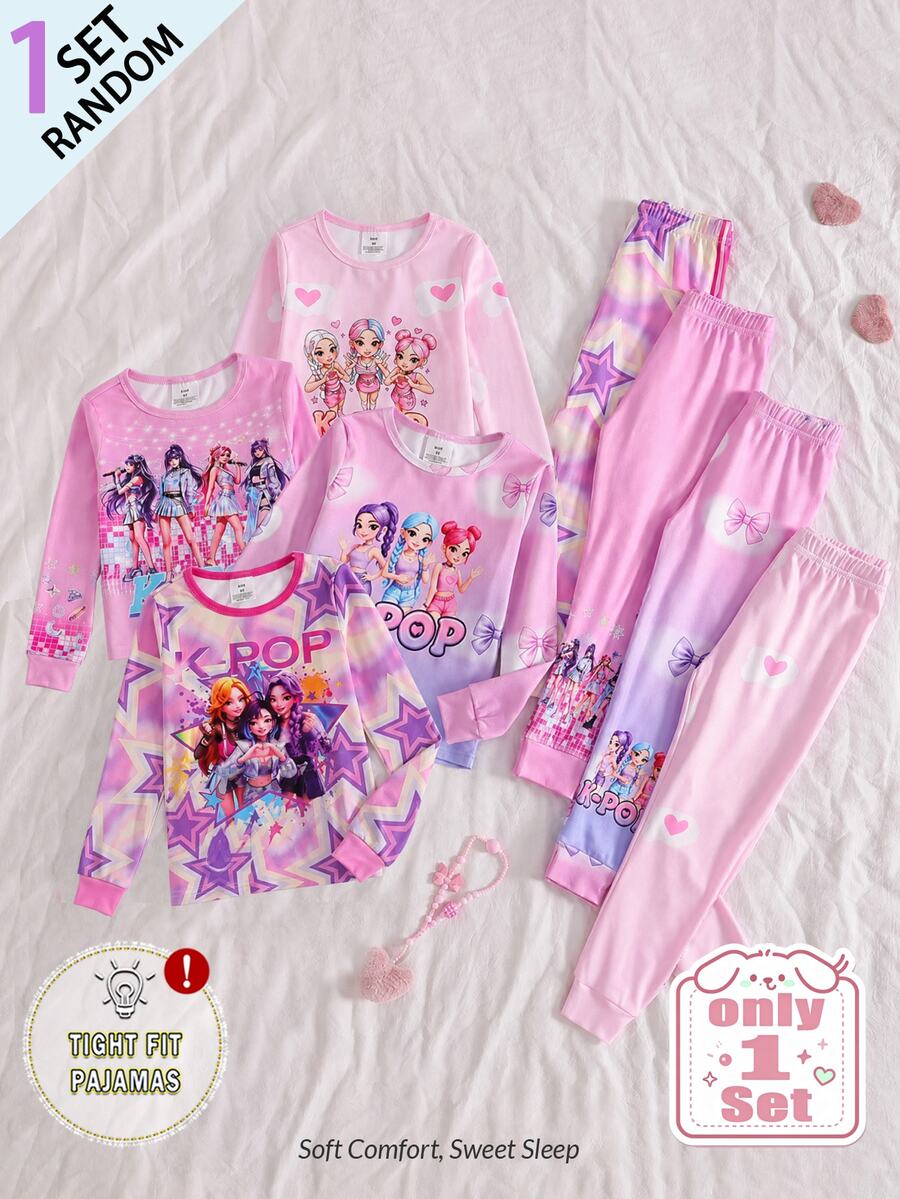 [Randomly Sent 1 Set]Girls Pajamas Cute Character Print All-Over Print Fashionable Playful Pattern Full Print Crew Neck Fitted Long Sleeve And Long Pants Loungewear Sleepwear Set - Multicolor - View 1