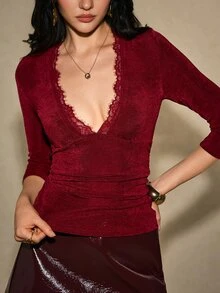 Poéselle Women's Spring/Autumn Sexy Elegant Solid Color Deep V-Neck Lace Trim Pleated Fitted T-Shirt - Burgundy - View 4