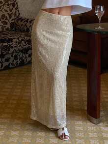 DAZY Nude Fine Sequin Elastic Waist Fully Lined Fashion Skirt - Gold - View 4