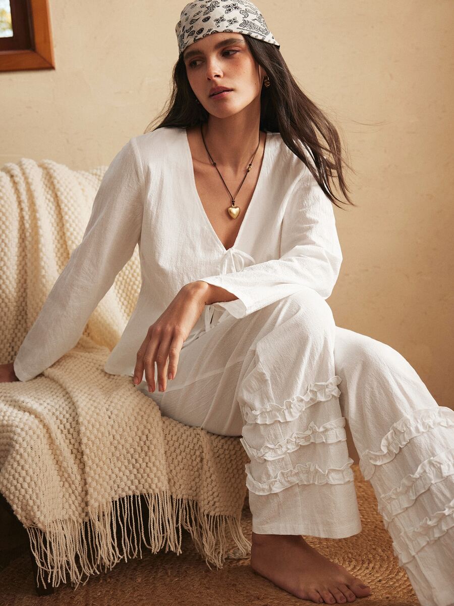 Lullawish Set Piyama Romantis Berenda Kasual Liburan Bohemian Wanita, Dapat Dipakai Sebagai Pakaian Santai - Putih - View 1