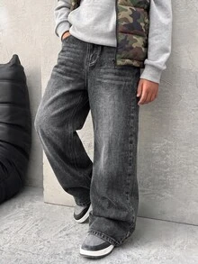 青少年男孩復古水洗灰色寬鬆寬腿牛仔褲，休閒大廓形滑板褲，Y2K街頭風 - 黑色 - 查看 4