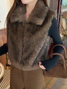 DAZY Women's Solid Color Fashion Versatile Winter Faux Fur Coat - Brown - View 2