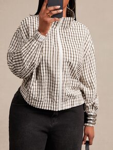 SHEIN SXY Áo khoác nữ size lớn họa tiết kẻ ô, kéo khóa, tay dài, mùa thu - Màu be - Xem 9