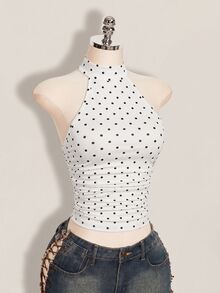 SHEIN ICON 女款波點印花修身休閒掛脖背心 - 白色 - 查看 8