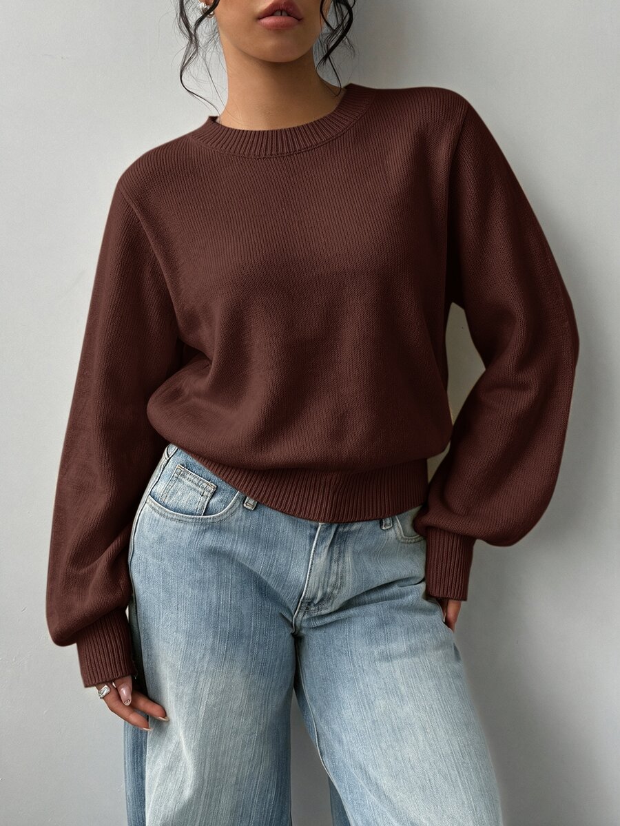 SHEIN BASICS 女款素色圓領長袖休閒基礎款寬鬆針織衫 淺黃色 秋冬日常早午餐上學穿搭 - 咖啡棕 - 查看 1