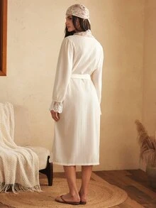 Lullawish Women's Elegant Lazy Casual Premium Wave-Textured Fabric Patchwork Lace Trim Long Sleeve Long Robe - Multicolor - View 5