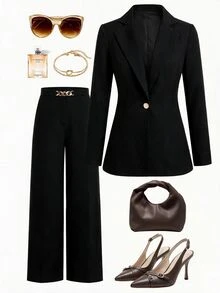 SHEIN Clasi 女款金屬鈕扣長袖西裝外套與寬鬆長褲兩件套 - 黑色 - 查看 3
