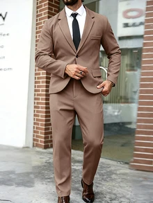 Manfinity Mode Men's Plus Size Solid Lapel Neck Long Sleeve Blazer And Pants Business Travel Set, Formal, Ceremony - Brown - View 3