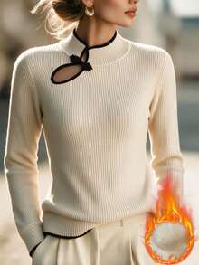 SHEIN Franclia Women Mock Neck Ribbed Knit Top, Chinese Knot Decor Contrast Trim Long Sleeve Slim Fit Pullover Swea - Apricot - View 4