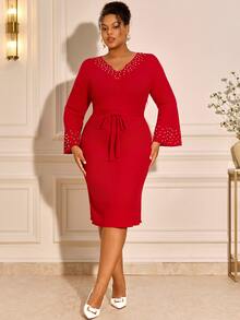 BrightlyHer Plus Size Elegant Beaded Decor Evening Dress - Red - View 3
