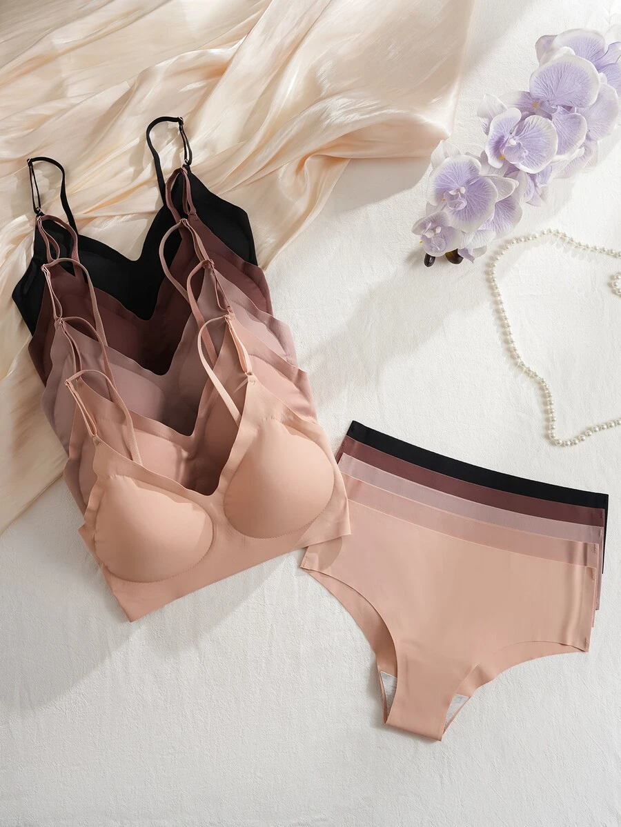 SHEIN 10件組秋季舒適無痕可拆式棉杯內衣套組,婚禮賓客、電音派對適用,棕色、灰玫瑰色、黑色,可愛日系風 - 彩色 - 查看 1