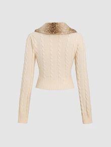 Sweetra Sweet Cool Style Leopard Print Faux Fur Collar Cable Knit Cardigan - Beige - View 2