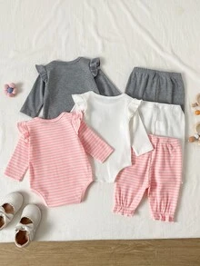 SHEIN Playful Pals 3套女嬰連身衣+長褲，可愛粉色白色雛菊條紋荷葉邊蝴蝶結飛袖圓領常規款，生日秋季假期公主優雅風 - 彩色 - 查看 2