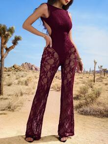 SHEIN EZwear 女款性感露背拼接透視蕾絲喇叭褲腳連身褲 - 酒紅色 - 查看 6