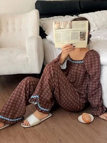 Napfluff Women's Vintage Square Neck Plaid Contrast Color Ruffle Trim Pajama Set - Brown - View 6