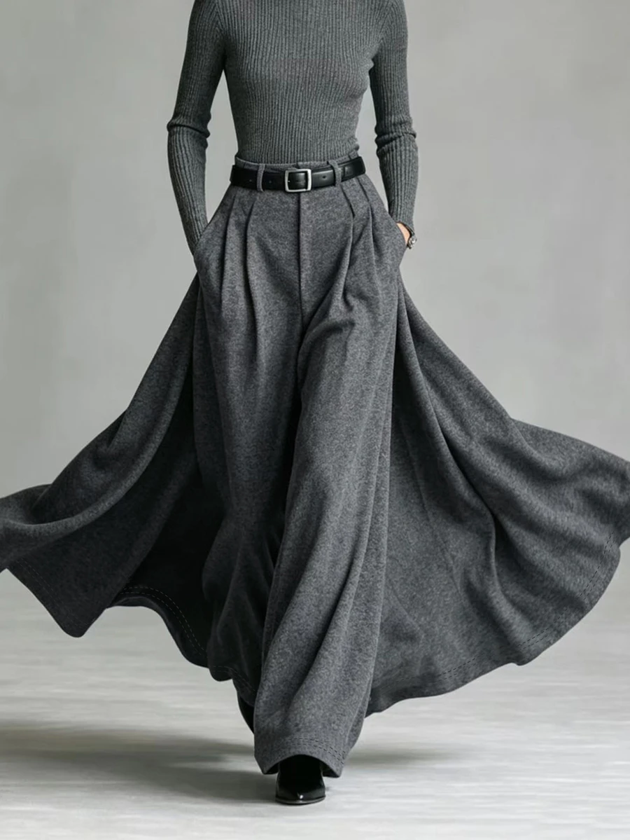 Glimmora Women's Solid Color Pocket Elastic Waist Oversized Hem Skirt, Autumn/Winter - Grey - View 1