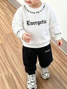 Genkimix Kids 2件組男孩學院風運動套裝，字母印花圓領衛衣 + 長褲，春/秋季校園與休閒穿著 - 黑與白 - 查看 2