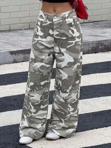 DAZY 女款迷彩圖案口袋鈕扣寬鬆休閒牛仔褲 - 灰色 - 查看 3