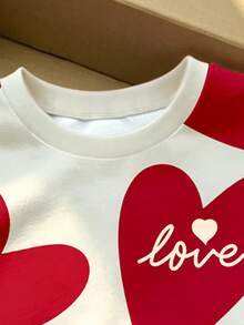 女童休閒清新米色下擺紅色大廓形愛心與LOVE字母圖案圓領衛衣寬腿褲套裝，秋季穿搭 - 彩色 - 查看 6