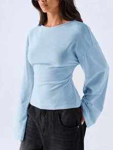 LYSMO 女款純色圓領落肩長袖休閒T恤 早午餐奶油白秋季款 - 淺藍色 - 查看 4