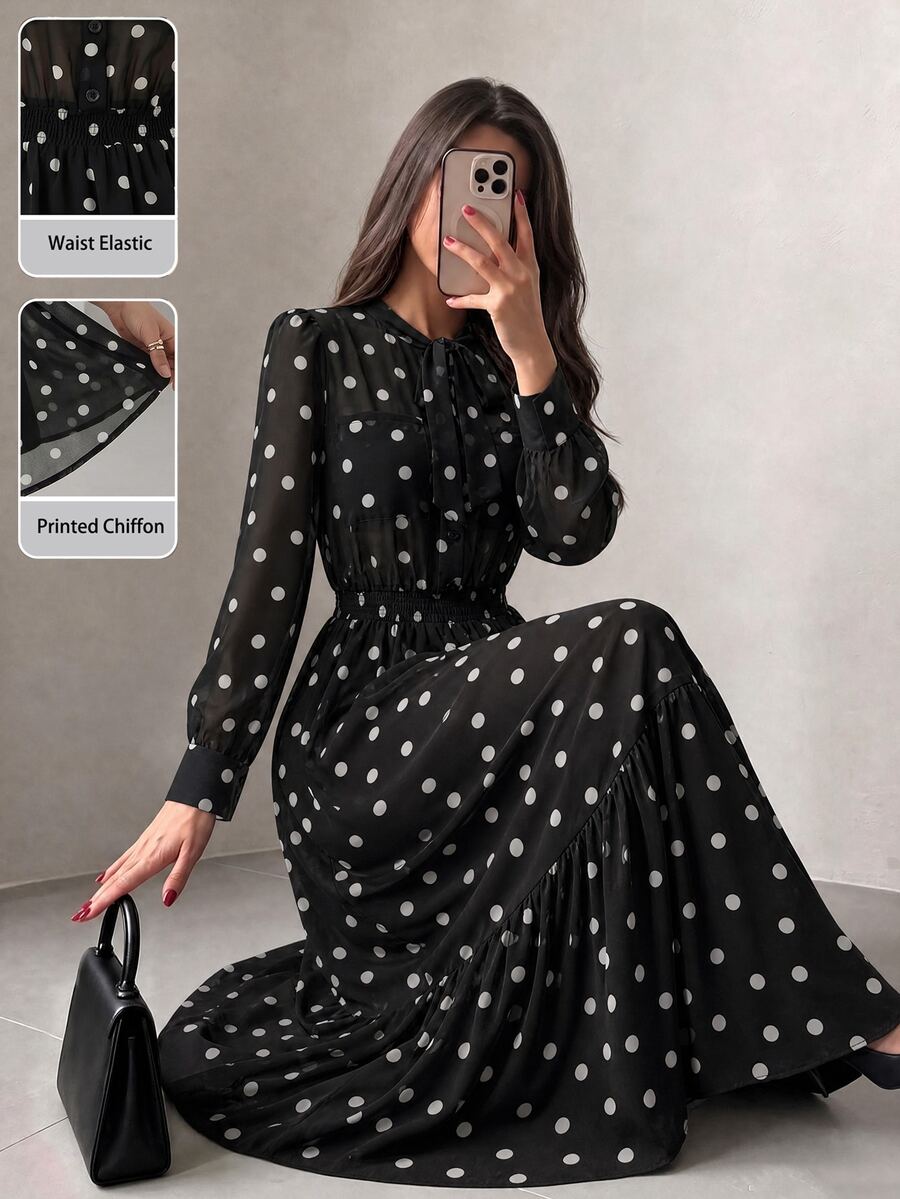 Modelyn Women's Elegant Polka Dot Commuter Versatile Long Sleeve Dress With Pockets - Black - View 1
