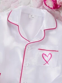 女童簡約口袋愛心印花長袖開襟衫與長褲休閒兩件套居家服睡衣，完美新年禮物 - 彩色 - 查看 7