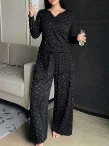 Dazy Plus Fashion Polka Dot Casual Minimalist Long Sleeve Top & Pants 2-Piece Set Loungewear Pajama Set - Black - View 3