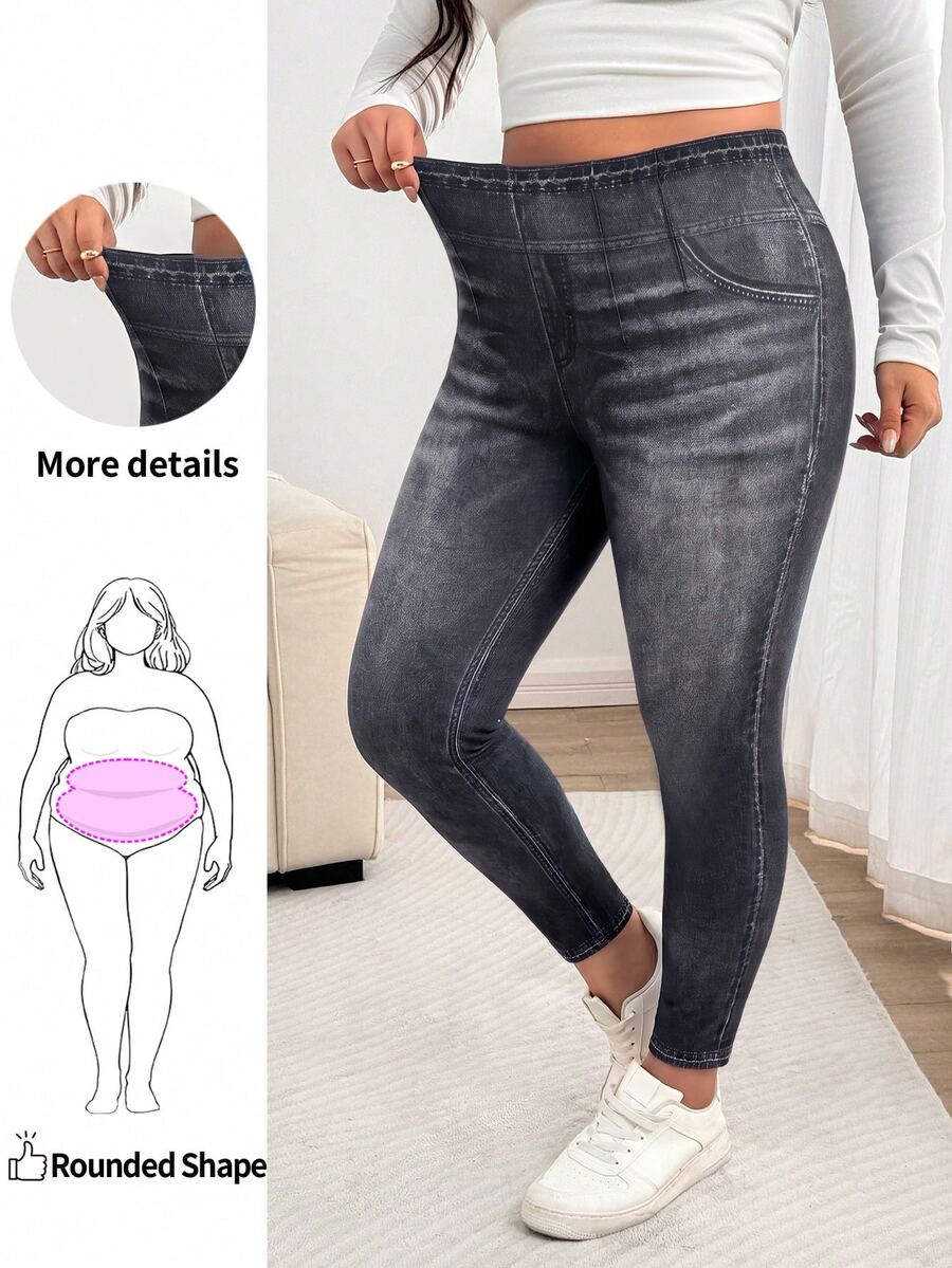 Enliva Legging Stretch Bermotif Ukuran Besar, Celana Kasual Slim Fit Pinggang Tinggi - Dark Grey - View 1
