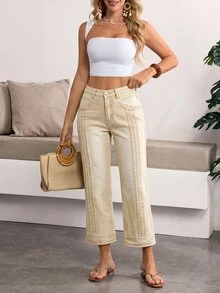 Breezaya 女款休閒日常牛仔褲，附口袋與鈕扣設計 - 卡其色 - 查看 6