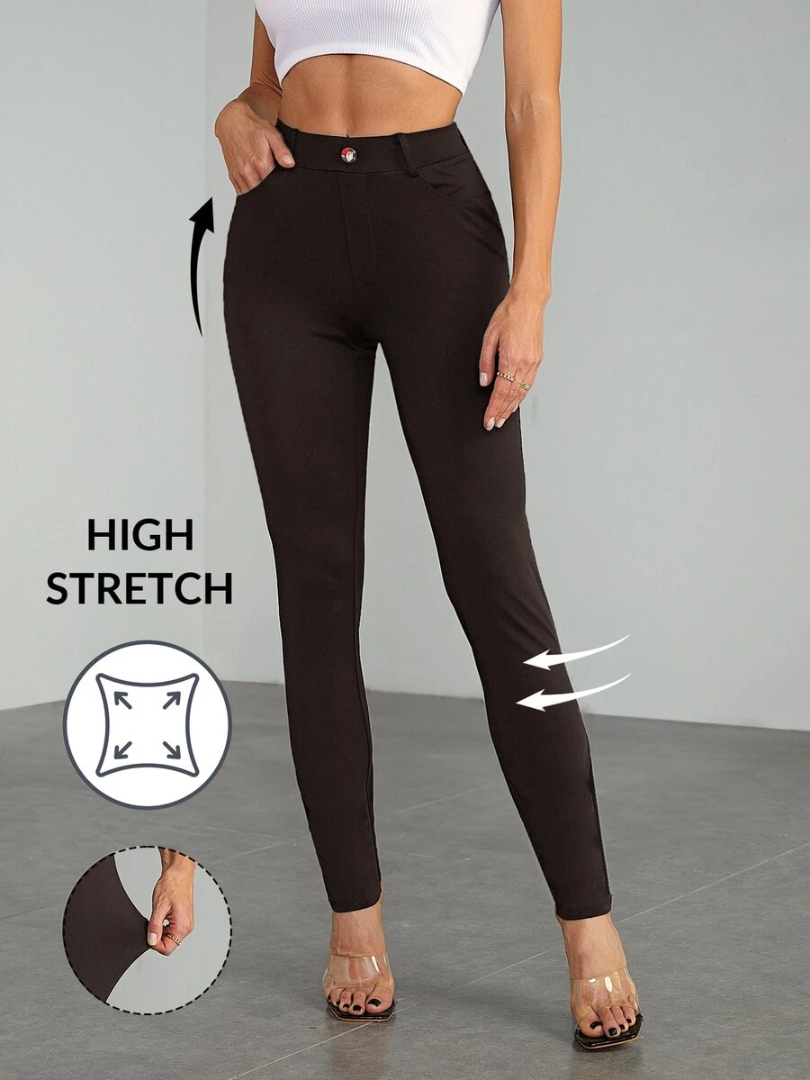 SHEIN Tall 女款純色高腰口袋修身休閒長褲 - 棕色 - 查看 1