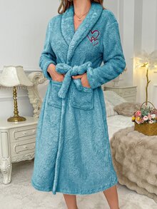 SweetSlumber Women's Pink Heart Embroidered Plush Long Robe, Autumn/Winter Loungewear - Navy Blue - View 6