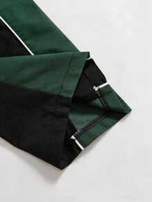 1件青少年男孩高街時尚拼色拼接白色飾邊刺繡梭織直筒長褲，對比繩飾設計，新穎時尚，舒適面料，適合多樣穿搭，夏季新品，四季皆宜 - 黑/綠 - 查看 6