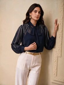 ZEYLAH Women's Tie Neck Casual Daily Wear Blouse - Navy Blue - View 3