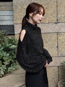 FRIFUL Women's Delicate Cold Shoulder Glitter High Neck Sweater Street Style Mature Elegant Dinner Date Night Black Fall - Grey - View 5