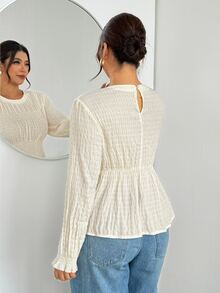 Firerie Plus Size Women's Solid Color Pleated Casual Daily Long Sleeve Shirt - Apricot - View 2