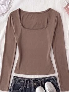 SHEIN 青少年女孩 T-Shirt，領口彈性修身款－百搭極簡長袖 T-Shirt，舒適穿著 - 卡其色 - 查看 3