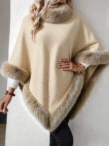 Balvessa Women's Solid Color Patchwork Faux Fur Fashion Cape Regular Coat - Khaki - View 5