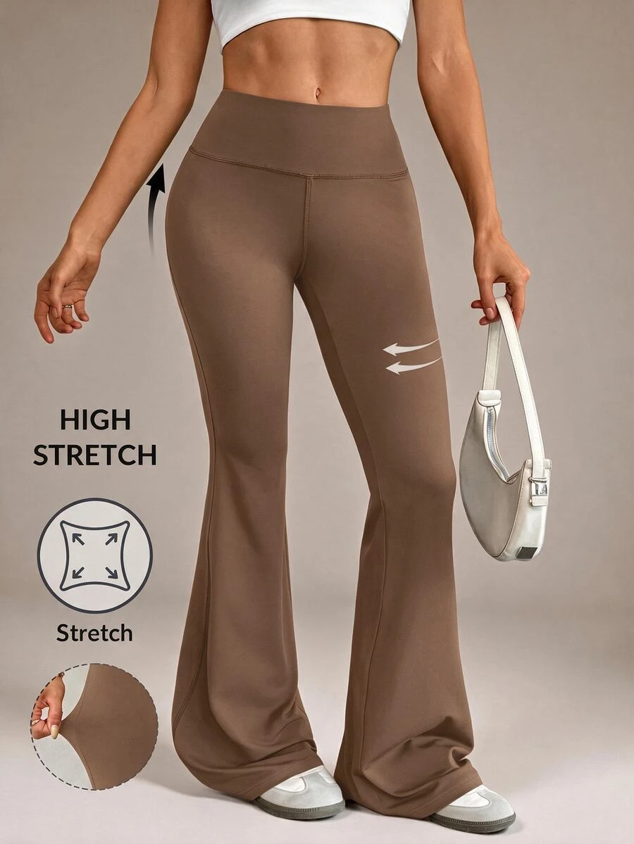 SHEIN Tall 女款純色修身百搭日常穿著喇叭褲 - 卡其色 - 查看 1
