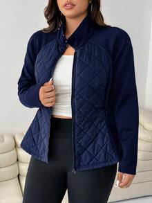 SHEIN EZwear Autumn/Winter Plus Size Slim Fit Elastic Pocket Patchwork Jacket - Navy Blue - View 5