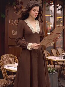 Vintamour Women's Lace Patchwork V-Neck Casual Party Dress - Coffee Brown - View 3