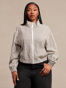 SHEIN SXY Áo khoác nữ size lớn họa tiết kẻ ô, kéo khóa, tay dài, mùa thu - Màu be - Xem 5