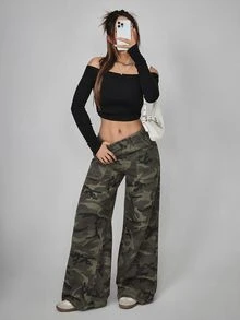 StreetHx Plus Size Fashion Camouflage Print Pocket Loose Fit Denim Jeans - Multicolor - View 5