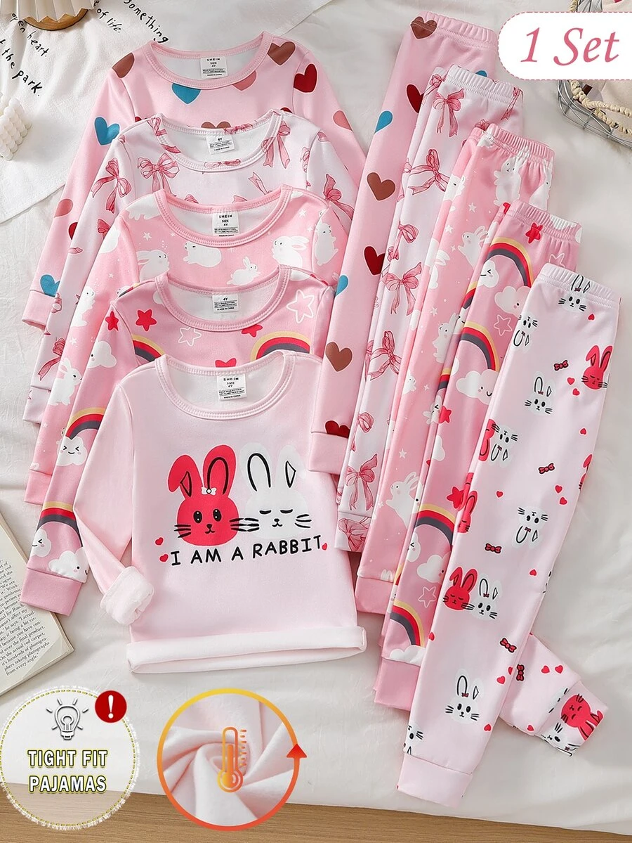 Girls Sweet Cute Comfortable Soft Thick Thermal Lined Fitted Fabric Pink Rabbit Bow Heart Rainbow Cloud Print Round Neck Pullover Long Sleeve Top And Pants Loungewear Set 2pcs - Multicolor - View 1
