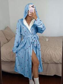 Softscene 女款冬季毛絨粉色格紋櫻桃印花連帽睡袍 - 藍色 - 查看 3