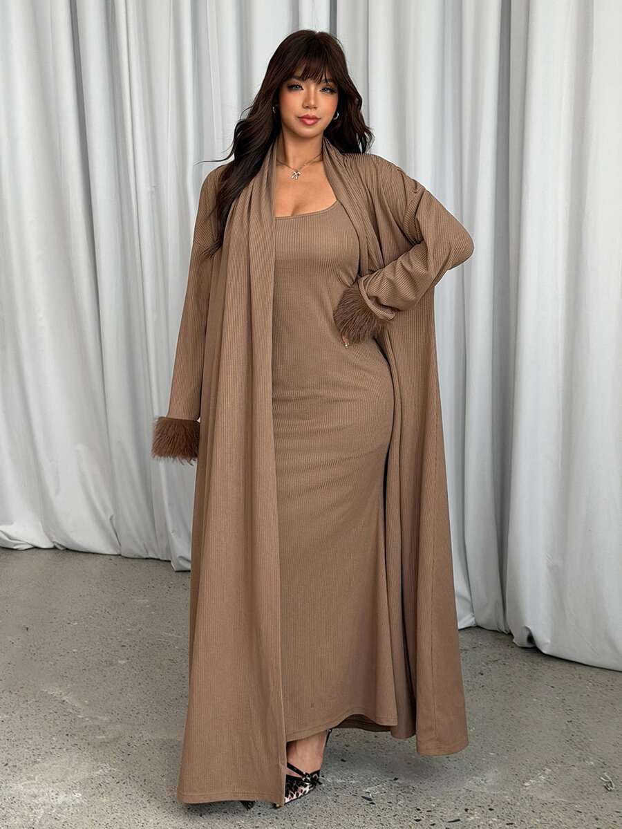 GalTyme Plus Size Minimalist Spaghetti Strap Dress With Faux Fur Patchwork Cuff Cardigan 2 Pieces Set - Brown - View 1