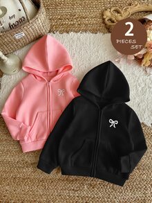 SHEIN LMoss Kids 買1送1，2件組女款純色連帽寬鬆休閒衛衣，度假風，休閒學院風，適合秋冬，日常穿著 - 彩色 - 查看 1