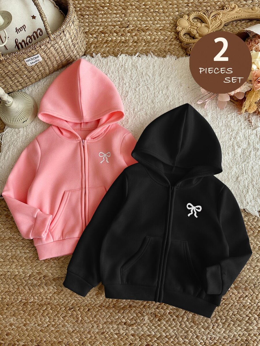 SHEIN LMoss Kids 買1送1,2件組女款純色連帽寬鬆休閒衛衣,度假風,休閒學院風,適合秋冬,日常穿著 - 彩色 - 查看 1