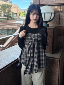 FRIFUL Women's Fashionable Plaid Patchwork Tie-Up 2 In 1 T-Shirt - Black - View 3
